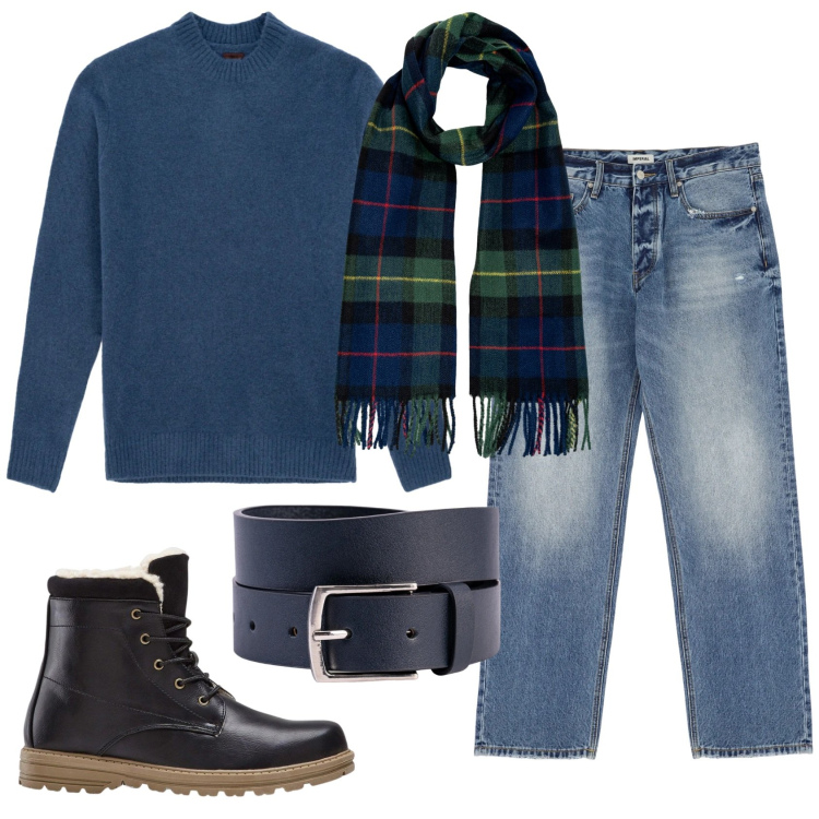 Outfit uomo - Total look #2331383. Stile Casual per Tutti i giorni. Abbinamento con stivali e stivaletti, jeans, cinture, maglieria, sciarpe.