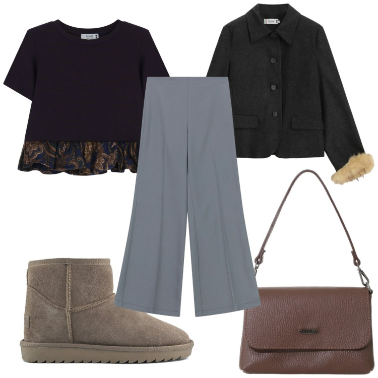 Outfit donna - Total look #2331404. Stile Trendy per Tutti i giorni. Abbinamento con pantaloni a palazzo, borse a tracolla, t-shirt, blazer, stivali.