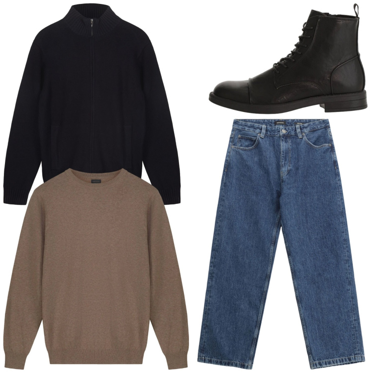 Outfit uomo - Total look. Stile Casual per Tutti i giorni. Abbinamento con jeans, anfibi, cardigans, maglieria.