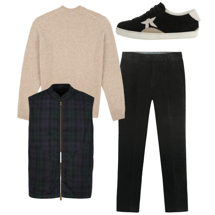 Outfit uomo - Total look. Stile Casual per Tutti i giorni. Abbinamento con sneakers, piumini, maglieria, pantaloni.