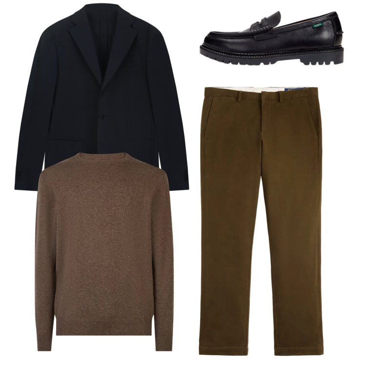 Outfit uomo - Total look. Stile Casual per Serata speciale. Abbinamento con scarpe stringate, pantaloni chino, maglieria, giacche.