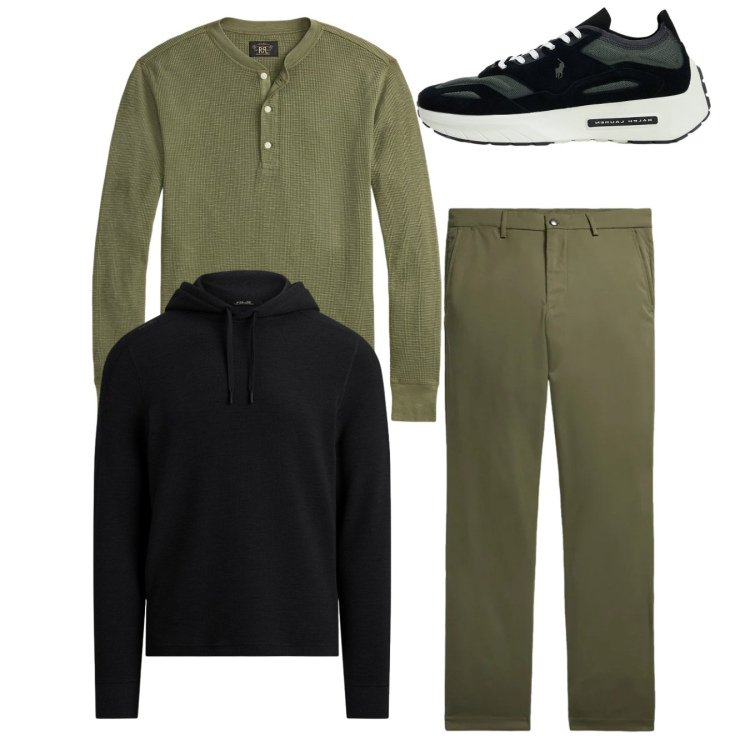 Outfit uomo - Total look. Stile Casual per Tutti i giorni. Abbinamento con t-shirt, sneakers, felpe con cappuccio, pantaloni.