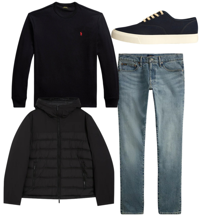 Outfit uomo - Total black. Stile Casual per Tutti i giorni. Abbinamento con piumini, sneakers, jeans, t-shirt.