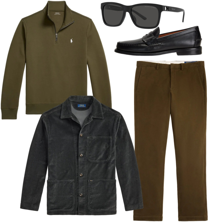 Outfit uomo - Total look giorno. Stile Casual per Tutti i giorni. Abbinamento con scarpe stringate, pullovers, giacche, pantaloni chino, occhiali da sole.