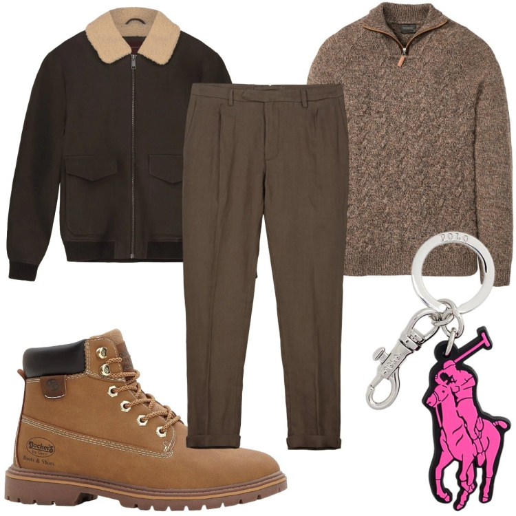 Outfit uomo - Febbraio in maglia : tutti i giorni. Stile Casual per Tutti i giorni. Abbinamento con maglieria, stivali e stivaletti, portachiavi, pantaloni, bomber.