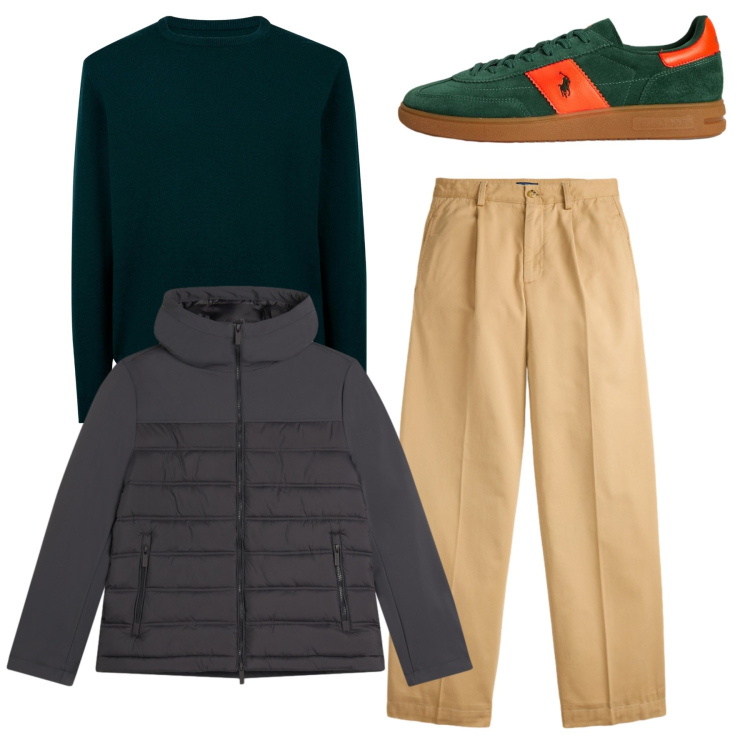 Outfit uomo - Total look. Stile Casual per Tutti i giorni. Abbinamento con piumini, pantaloni, sneakers, maglieria.