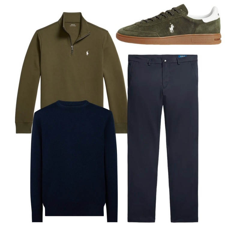 Outfit uomo - Total look. Stile Casual per Tutti i giorni. Abbinamento con sneakers, pullovers, pantaloni, maglieria.