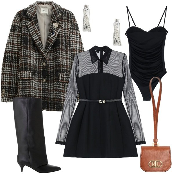 Outfit donna - Notte stellata. Stile Chic per Serata fuori. Abbinamento con vestiti corti, body, stivali, cappotti, orecchini, pochette.