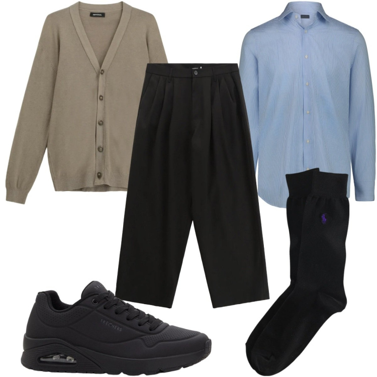 Outfit uomo - Look da rientro in ufficio: il cardigan. Stile Casual per Tutti i giorni. Abbinamento con sneakers, pantaloni, cardigans, calzini, camicie.