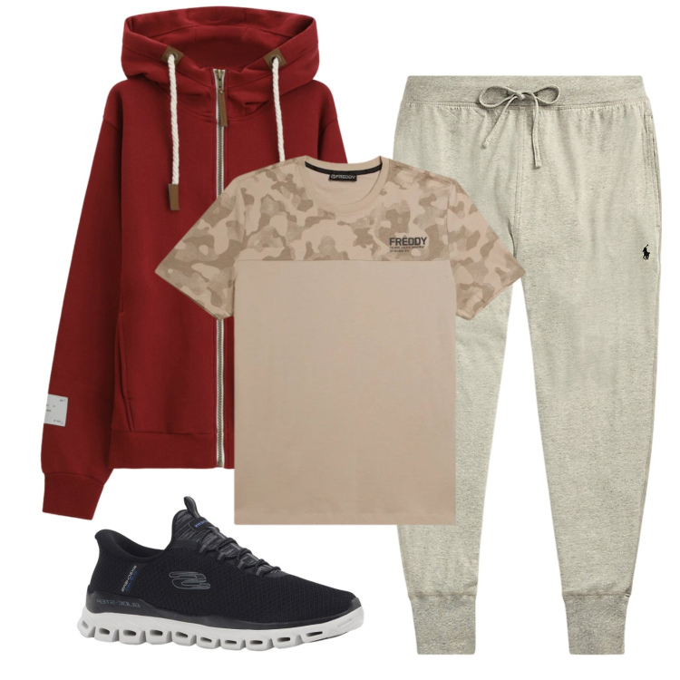 Outfit uomo - Total look #2331425. Stile Casual per Sport. Abbinamento con sneakers, felpe con cappuccio, t-shirt, pantaloni.