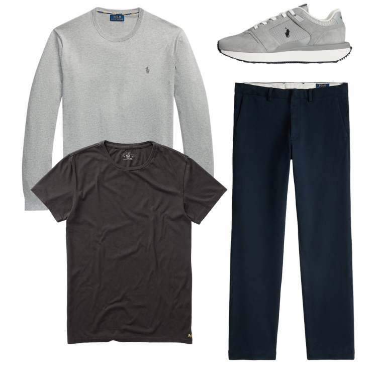 Outfit uomo - Total look. Stile Casual per Tutti i giorni. Abbinamento con maglieria, t-shirt, sneakers, pantaloni chino.