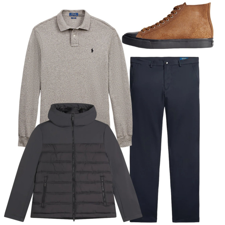 Outfit uomo - Total look. Stile Casual per Tutti i giorni. Abbinamento con piumini, sneakers, polo, pantaloni.