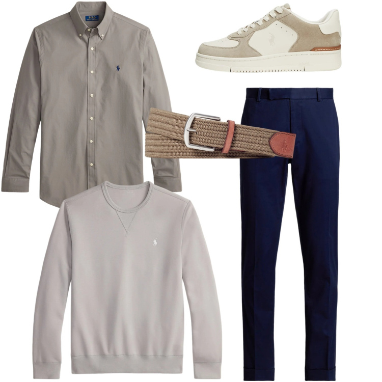 Outfit uomo - Total look. Stile Casual per Tutti i giorni. Abbinamento con cinture, sneakers, pantaloni chino, camicie, felpe.
