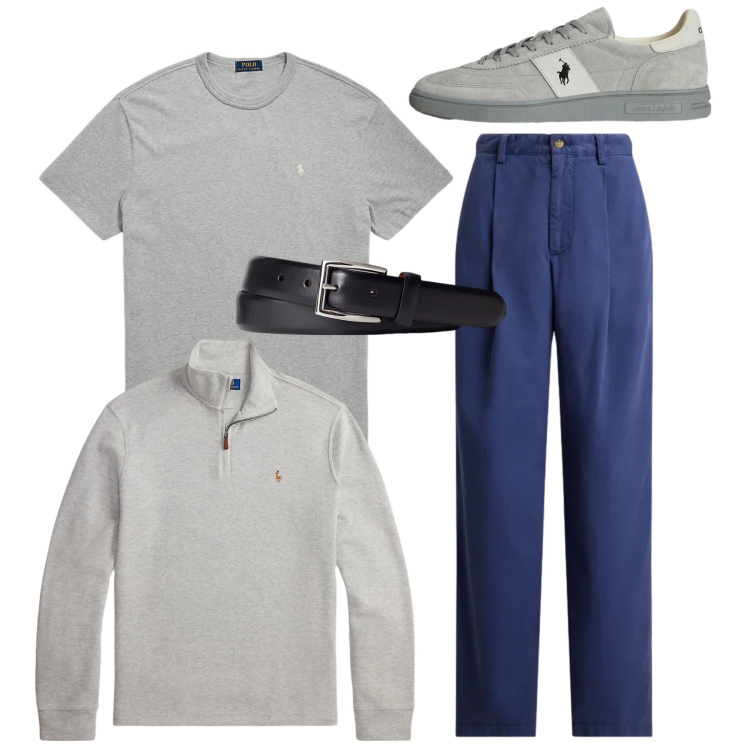 Outfit uomo - Total look. Stile Casual per Tutti i giorni. Abbinamento con t-shirt, cinture, pullovers, sneakers, pantaloni.