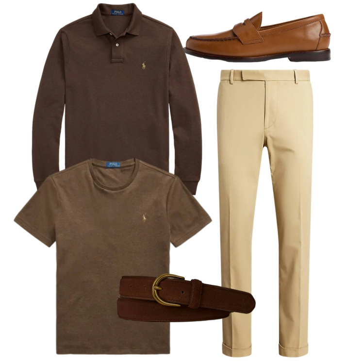 Outfit uomo - Total chocolat. Stile Casual per Tutti i giorni. Abbinamento con scarpe stringate, pantaloni chino, polo, t-shirt, cinture.