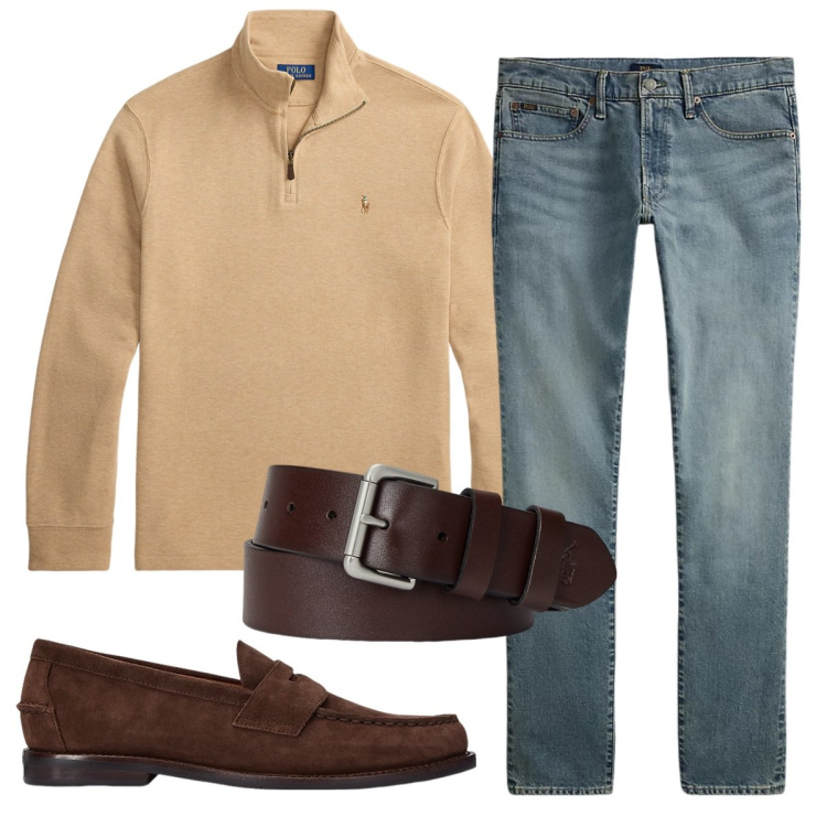 Outfit uomo - Casual in ufficio. Stile Casual per Ufficio. Abbinamento con cinture, scarpe stringate, jeans, pullovers.