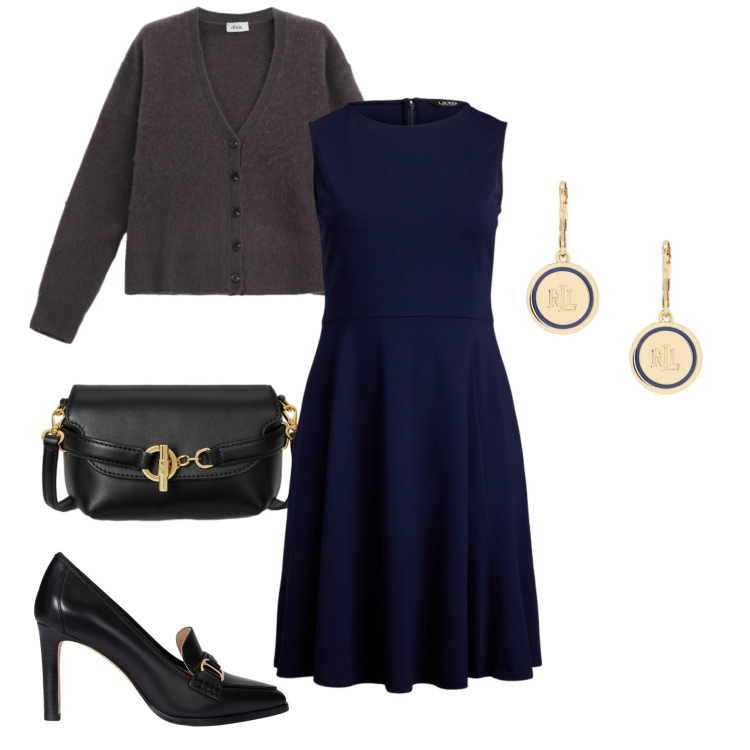 Outfit donna - Blu Infinito: Un Gesto d’Amore. Stile Glamour per Tutti i giorni. Abbinamento con cardigans, vestiti senza maniche, décolleté, borse a tracolla, orecchini.
