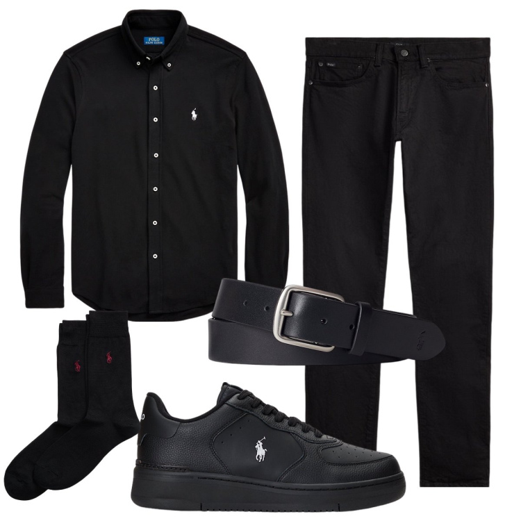 Outfit uomo - Black office. Stile Trendy per Ufficio. Abbinamento con camicie, sneakers, cinture, jeans, calzini.