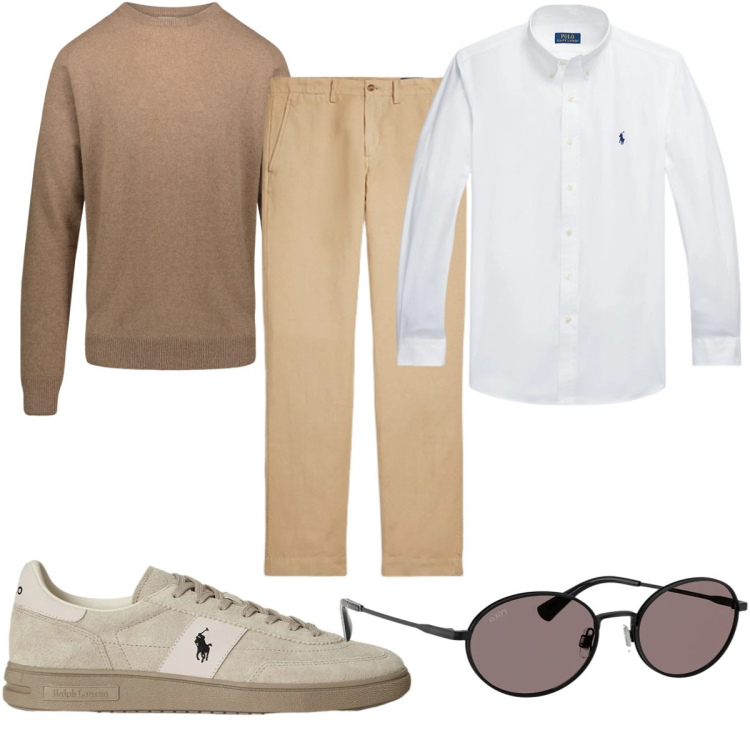 Outfit uomo - Casual raffinato a ottobre. Stile Casual per Tutti i giorni. Abbinamento con pantaloni, camicie, occhiali da sole, sneakers, maglieria.