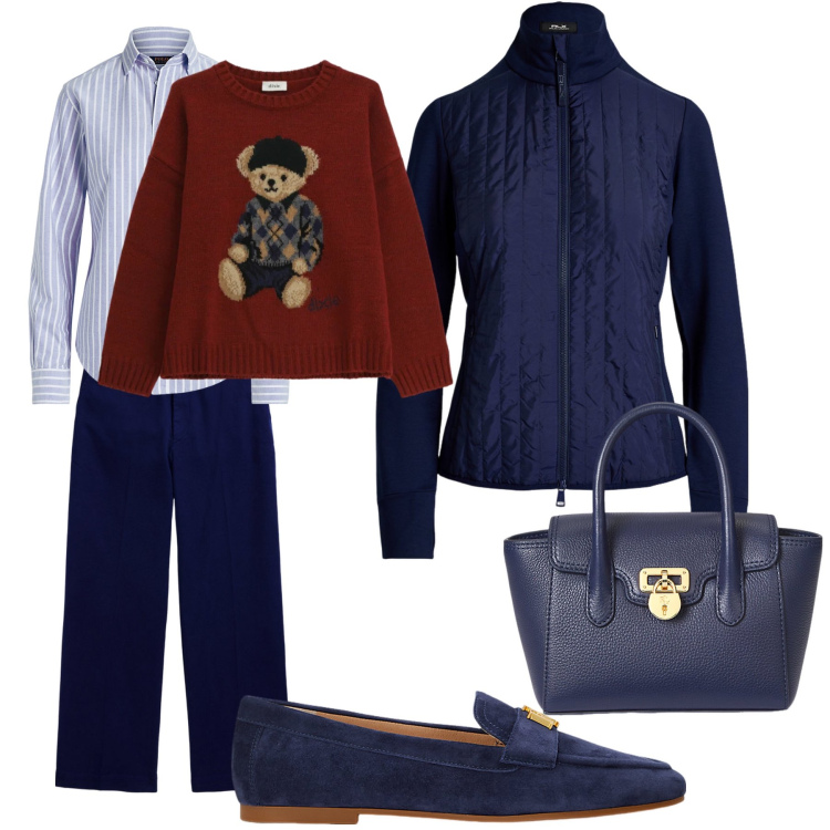 Outfit donna - Serata da Giulia. Stile Casual per Tutti i giorni. Abbinamento con maglieria, pantaloni chino, camicie, mocassini, giacche, borse a mano.