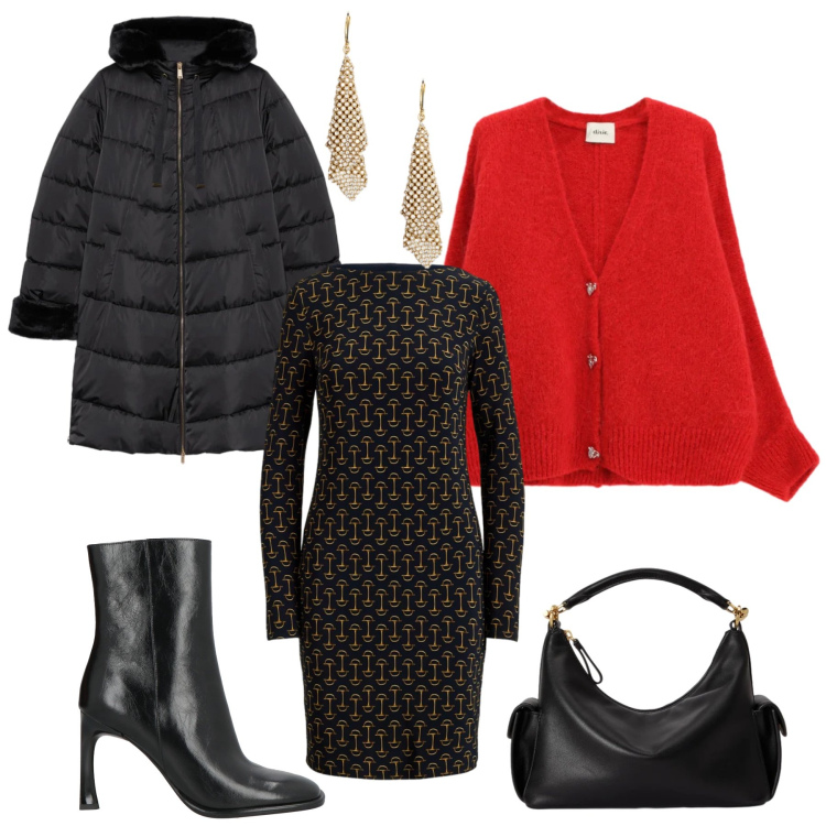 Outfit donna - Love in Red & Gold. Stile Glamour per Tutti i giorni. Abbinamento con stivaletti, cardigans, borse a spalla, vestiti, orecchini, piumini.
