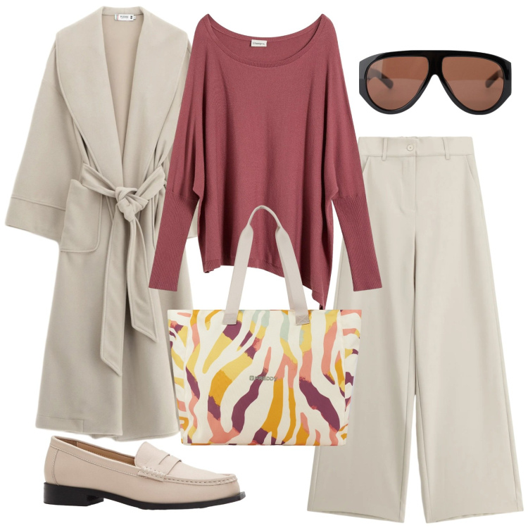 Outfit donna - Tocco di colore soft. Stile Minimal per Tutti i giorni. Abbinamento con maglieria, mocassini, pantaloni a palazzo, occhiali da sole, cappotti, shopping bag.