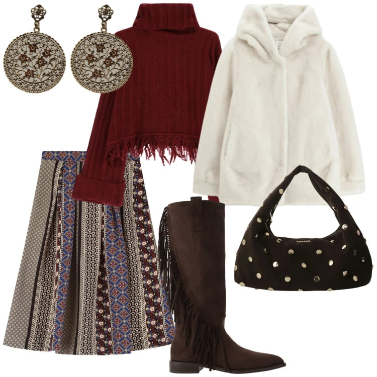 Outfit donna - Solo frange. per Tutti i giorni. Abbinamento con ecopellicce, borse a spalla, stivali sopra il ginocchio, gonne, orecchini, maglieria.