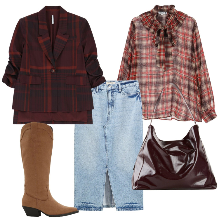 Outfit donna - Tartan style. Stile Preppy per Tutti i giorni. Abbinamento con gonne longuette, shopping bag, stivali, blazer, bluse.