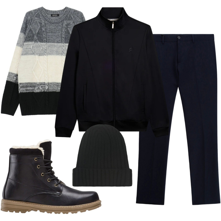 Outfit uomo - Total look #2331460. Stile Casual per Tutti i giorni. Abbinamento con stivali e stivaletti, pantaloni, maglieria, bomber, berretti.