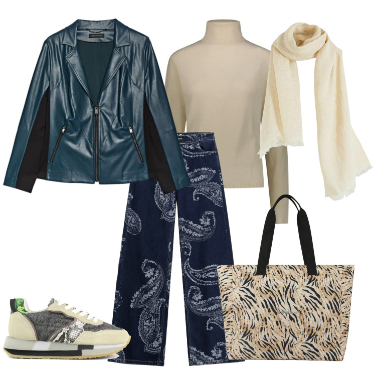 Outfit donna - Total look #2331475. Stile Casual chic per Ufficio. Abbinamento con sciarpe, jeans, shopping bag, sneakers, maglieria, giacche.