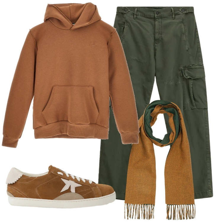 Outfit uomo - Total look #2331476. Stile Casual per Tutti i giorni. Abbinamento con pantaloni cargo, sneakers, sciarpe, felpe con cappuccio.