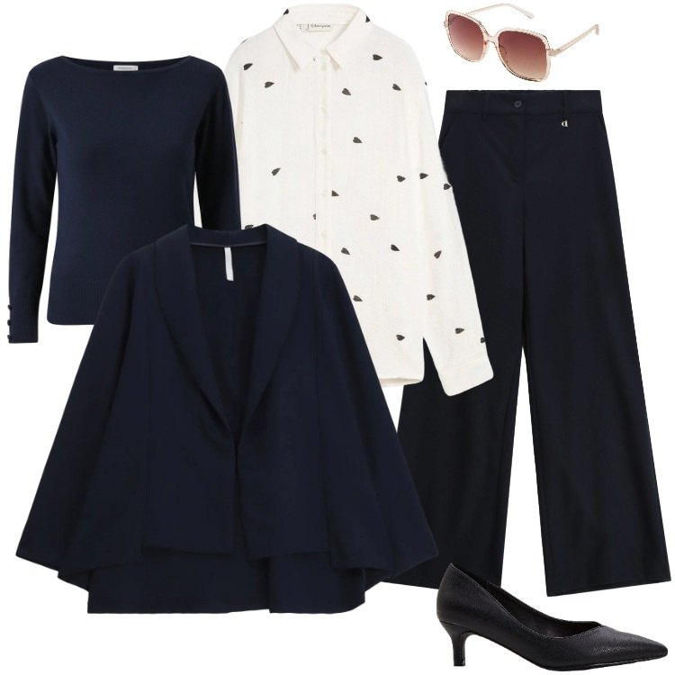 Outfit donna - Total look #2331478. Stile Casual chic per Serata fuori. Abbinamento con camicie, décolleté, occhiali da sole, blazer, pantaloni a palazzo, pullovers.