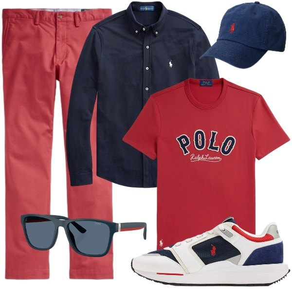 Outfit uomo - Rosso & Blu Ralph Lauren. Stile Urban per Tutti i giorni. Abbinamento con cappelli, camicie, t-shirt, sneakers, occhiali da sole, pantaloni chino.