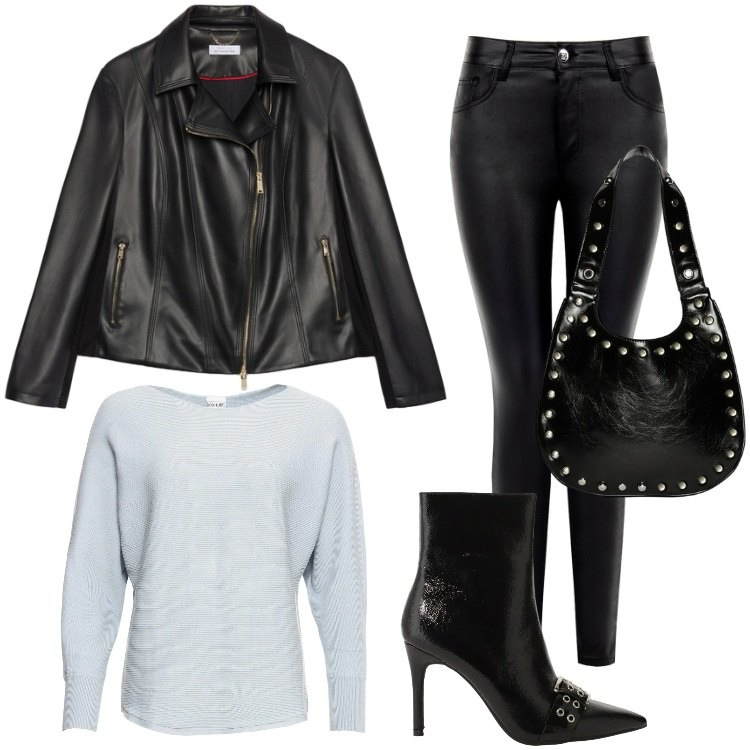 Outfit donna - Total look #2331480. Stile Rock per Serata fuori. Abbinamento con maglieria, stivaletti, pantaloni skinny, giacche, borse a spalla.