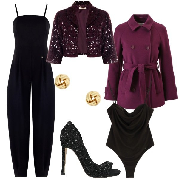 Outfit donna - San Valentino curvy mood - FDCI. Stile Glamour per Serata fuori. Abbinamento con décolleté, tute, bolero, caban, body, orecchini.