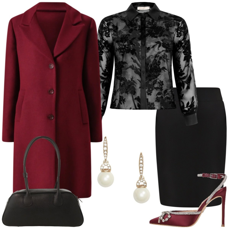 Outfit donna - Total look #2331493. Stile Chic per Serata fuori. Abbinamento con décolleté, borse a mano, gonne, camicie, cappotti, orecchini.