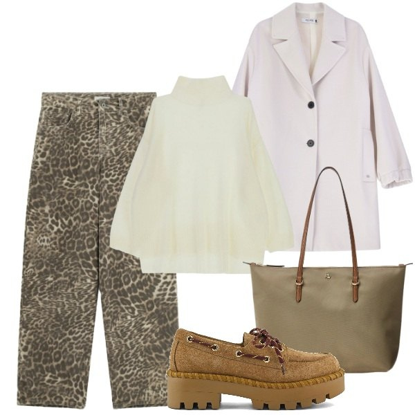 Outfit donna - Casual animalier. Stile Casual per Cerimonia. Abbinamento con maglieria, pantaloni a palazzo, cappotti, borse tote, mocassini.