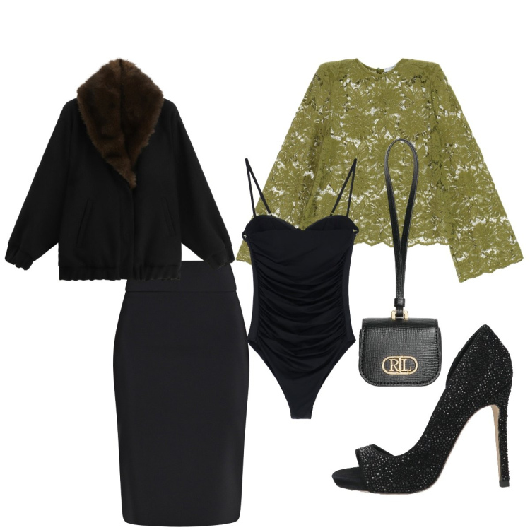 Outfit donna - San Valentino. Stile Chic per Serata fuori. Abbinamento con décolleté, body, cappotti, gonne longuette, maglieria, pochette.