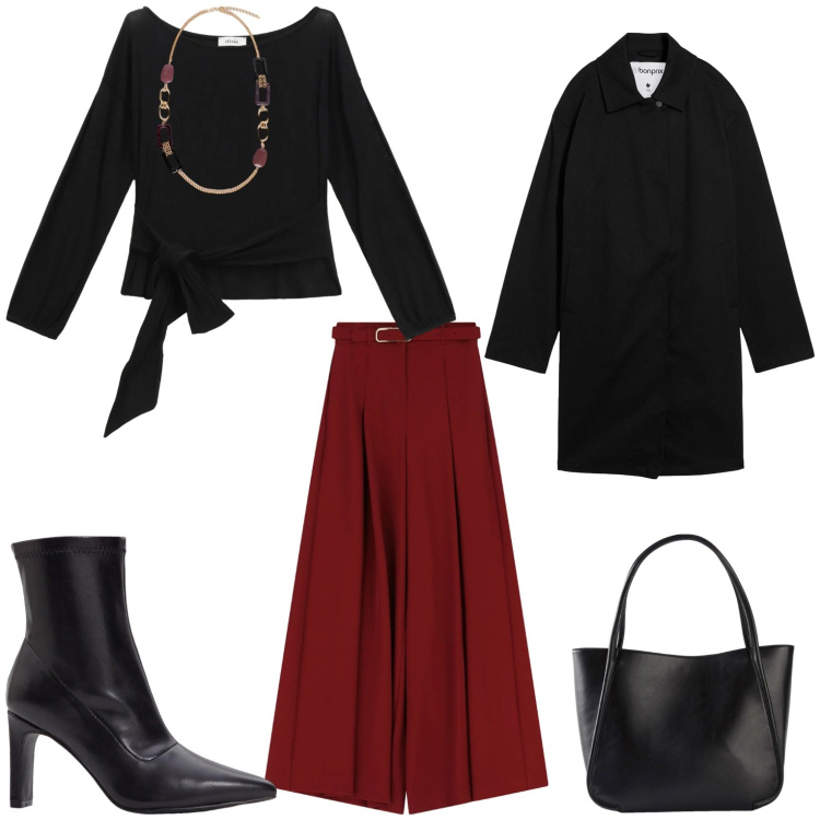 Outfit donna - Casual comodo con tocco elegante. Stile Casual Abbinamento con stivaletti, shopping bag, trench, pantaloni, top, collane.