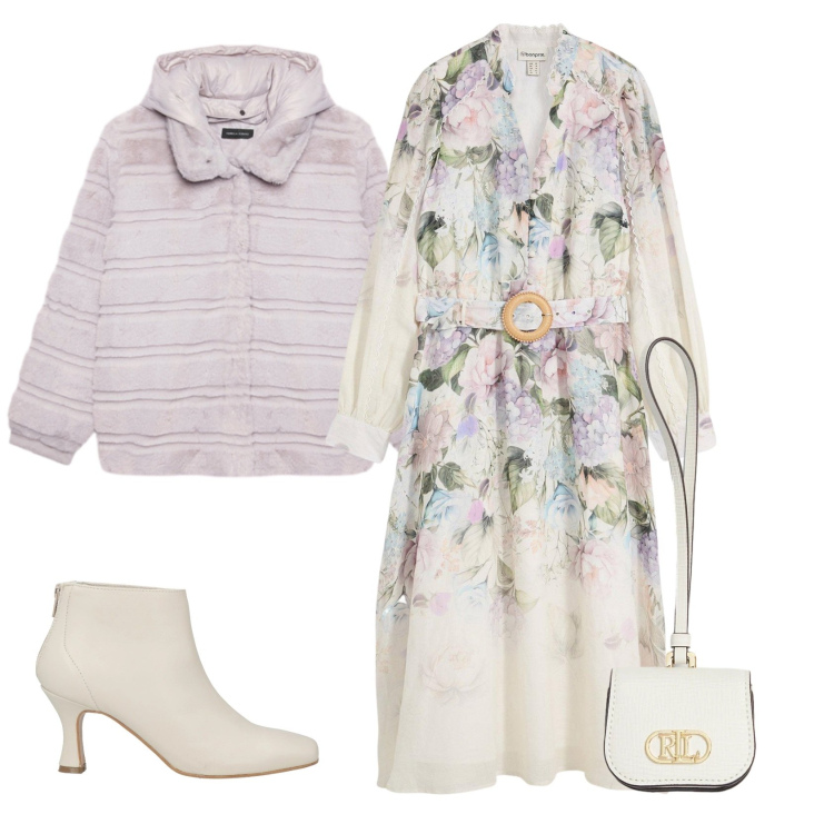 Outfit donna - Total look #2331516. Stile Boho per Ufficio. Abbinamento con vestiti midi/longuette, stivaletti, pochette, ecopellicce.