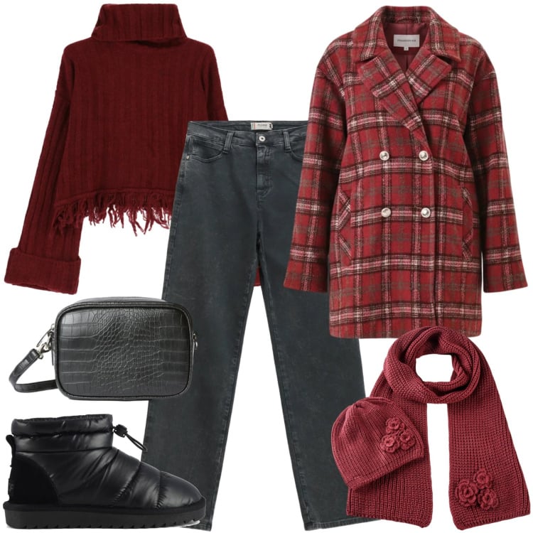 Outfit donna - Febbraio. Stile Basic per Tutti i giorni. Abbinamento con sciarpe, cappotti, maglieria, jeans dritti, stivali, borse a tracolla.
