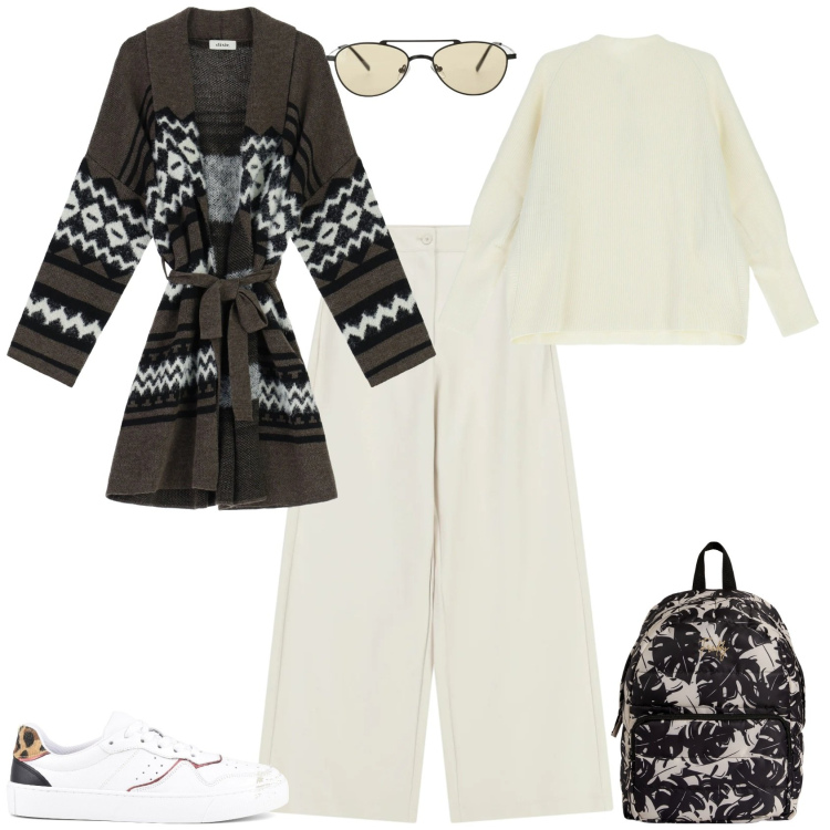 Outfit donna - Casual chic ufficio tempo libero. Stile Casual chic per Tutti i giorni. Abbinamento con occhiali da sole, pantaloni a palazzo, cappotti, maglieria, zaini, sneakers.