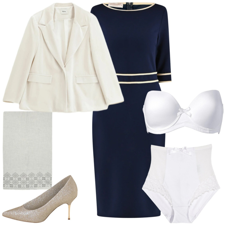 Outfit donna - Décolleté punto luce su look formale. Stile Chic per Tutti i giorni. Abbinamento con reggiseni, culotte, blazer, décolleté, vestiti a tubino, sciarpe.