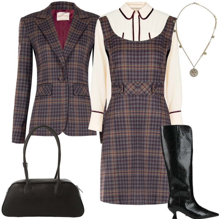 Outfit donna - Moderna con dettagli bon ton. Stile Bon Ton per Tutti i giorni. Abbinamento con stivali, borse a mano, ciondoli, blazer, vestiti a tubino, camicie.