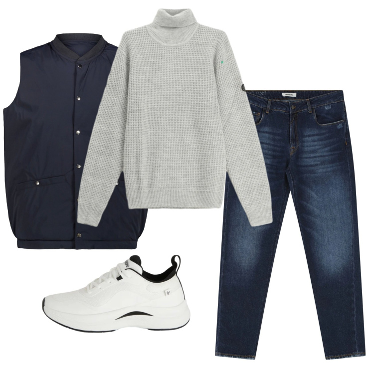 Outfit uomo - Total look #2331537. Stile Casual per Ufficio. Abbinamento con jeans dritti, maglieria, sneakers, piumini.