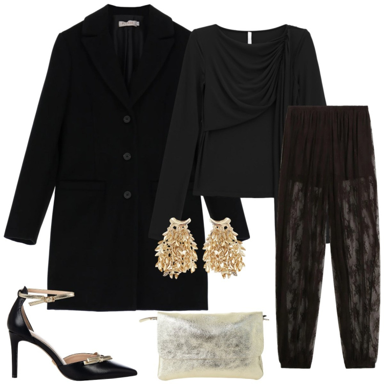 Outfit donna - Total look #2331547. Stile Sexy per Serata fuori. Abbinamento con bluse, pantaloni a palazzo, orecchini, borse a spalla, décolleté, cappotti.