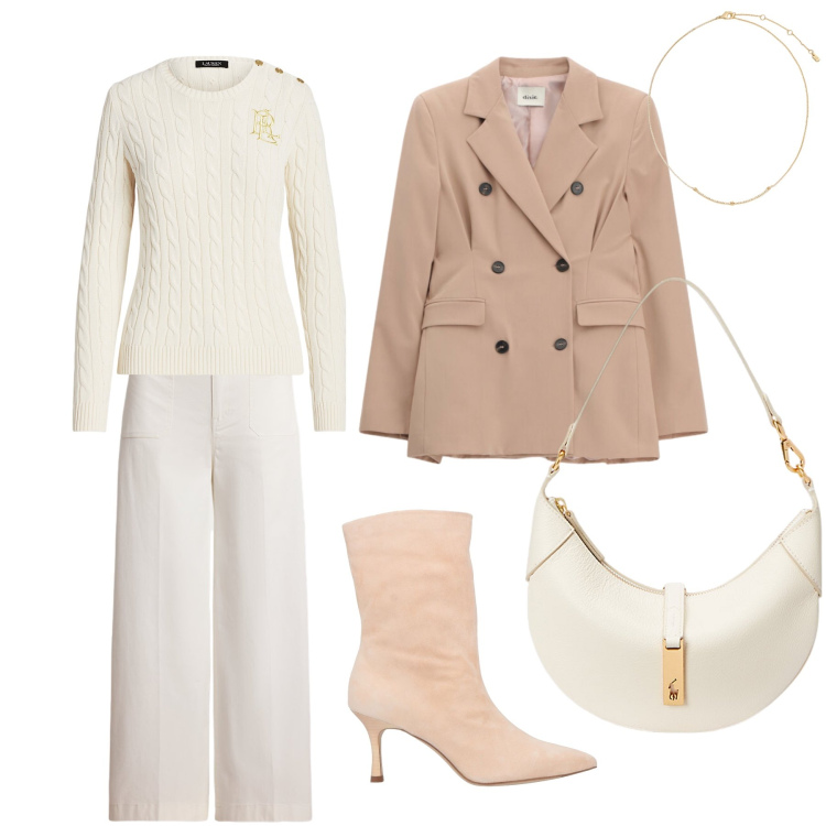 Outfit donna - Chiarori. Stile Casual chic per Ufficio. Abbinamento con stivaletti, blazer, maglieria, borse a spalla, collane, pantaloni.