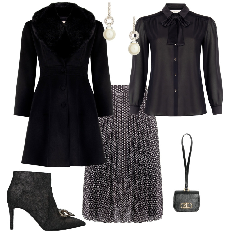 Outfit donna - Bon ton serata evento speciale. Stile Bon Ton per Serata fuori. Abbinamento con stivaletti, camicie, cappotti, gonne longuette, orecchini, pochette.