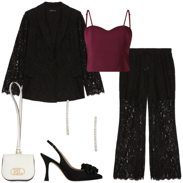 Outfit donna - Total look #2331552. Stile Chic per Serata fuori. Abbinamento con décolleté, top, orecchini, pochette, blazer, pantaloni.