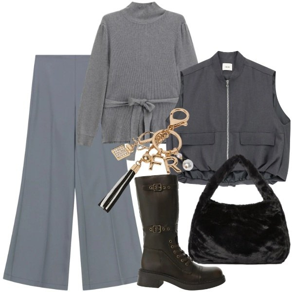 Outfit donna - Il grigio casual. Stile Casual chic per Tutti i giorni. Abbinamento con maglieria, pantaloni a palazzo, stivali, blazer, portachiavi, borse a spalla.